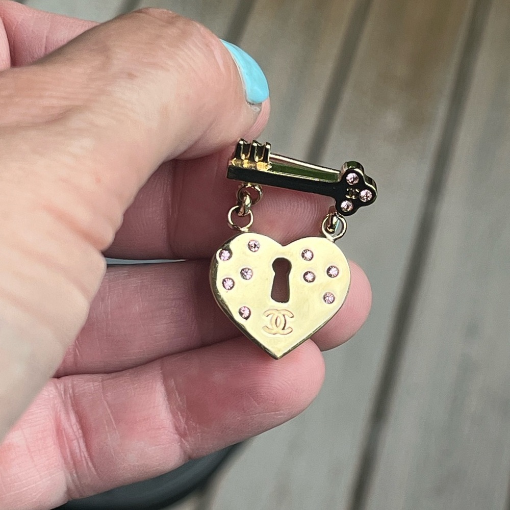 Authentic Chanel Brooch Coco Mark Heart Key - Pink- 24k Gold Plated - SOLID FILL